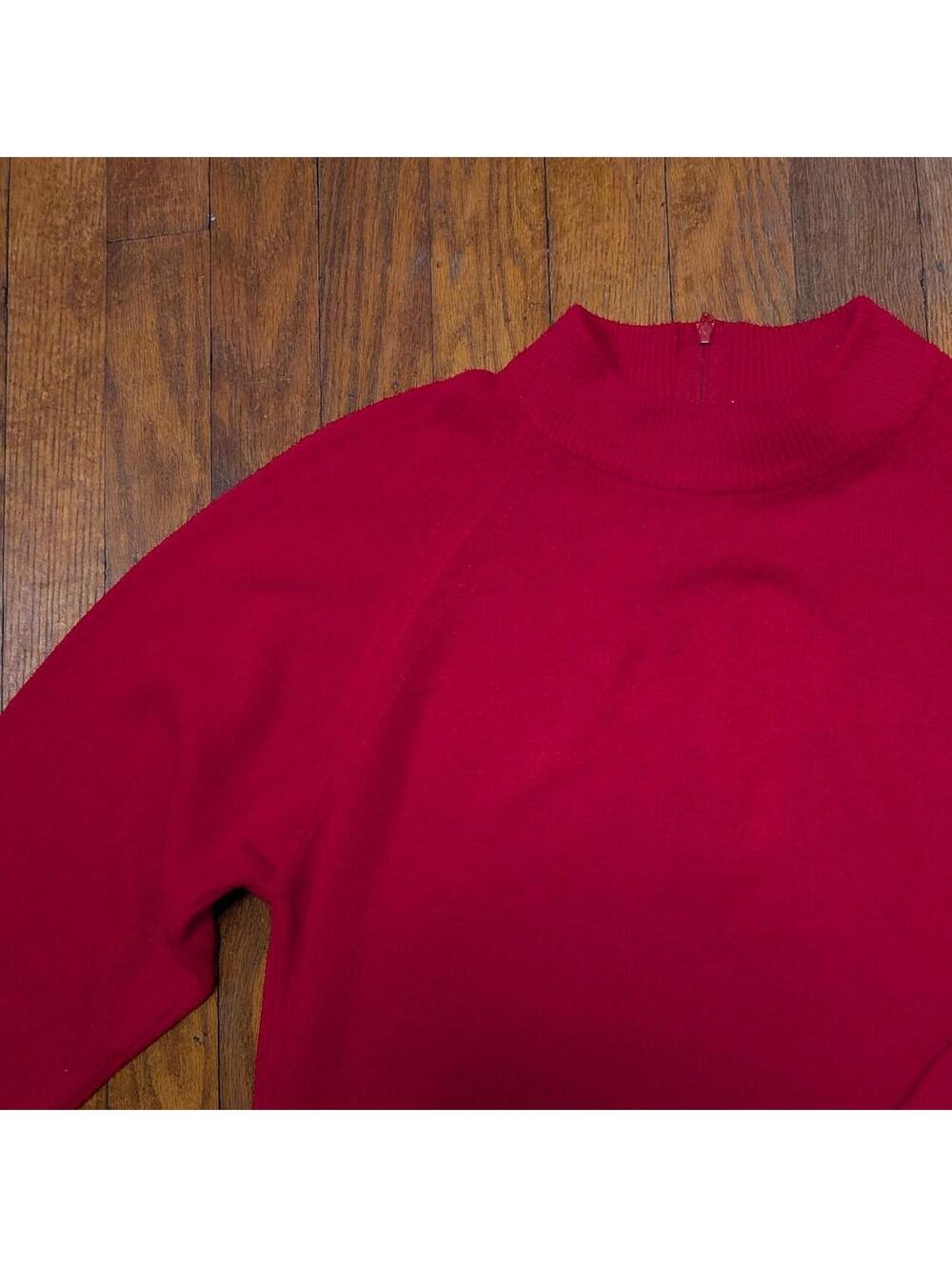 Vintage 80s Duvet Cherry Red Mock Neck Sweater Back Zip Raglan Sleeve Small